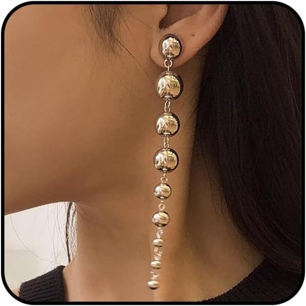 Long Gold Ball Dangle Statement Earrings for Women Fashion Vintage Round Beaded